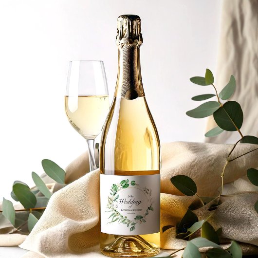 Geometrisch bloemstuk met gebloemte bruiloftslansi sparkling wijnetiket