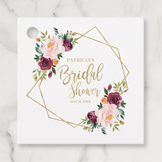 Geometrisch Bourgogne Blush Bloemen Vrijgezellenfe Bedankjes Labels (Voorkant)
