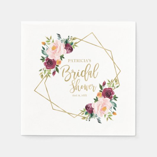 Geometrisch Bourgogne Blush Bloemen Vrijgezellenfe Servet (Voorkant)