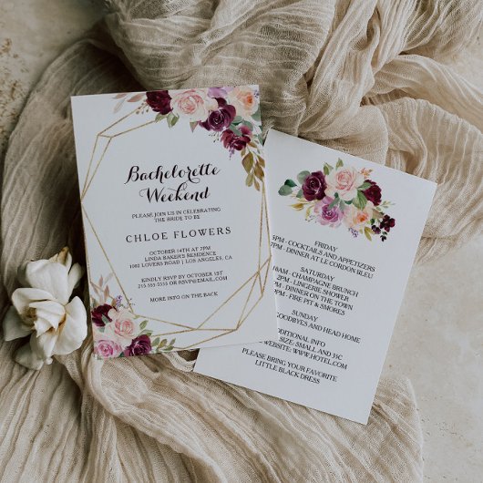Geometrisch Bourgondisch Bloemen Bachelorette Week Kaart