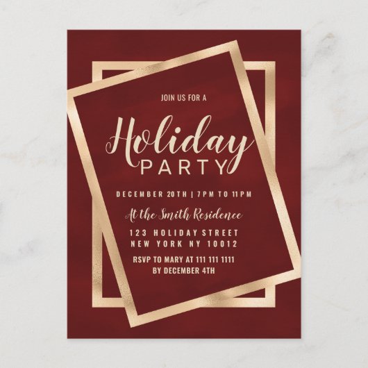 Geometrisch chique goud Bourgogne rood feestje Uitnodiging Briefkaart (Voorkant)