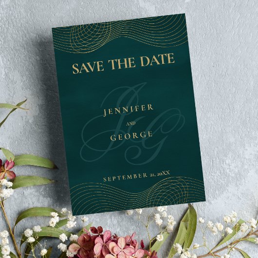 Geometrisch donkergroen goud monogram Save The Dat Date