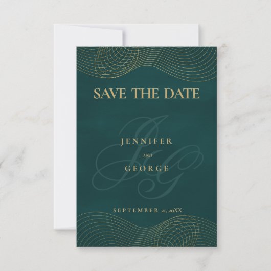 Geometrisch donkergroen goud monogram Save The Dat Save The Date (Voorkant)