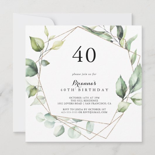 Geometrisch Elegant Goud Groen 40e Verjaardagsfees Kaart (Voorkant)
