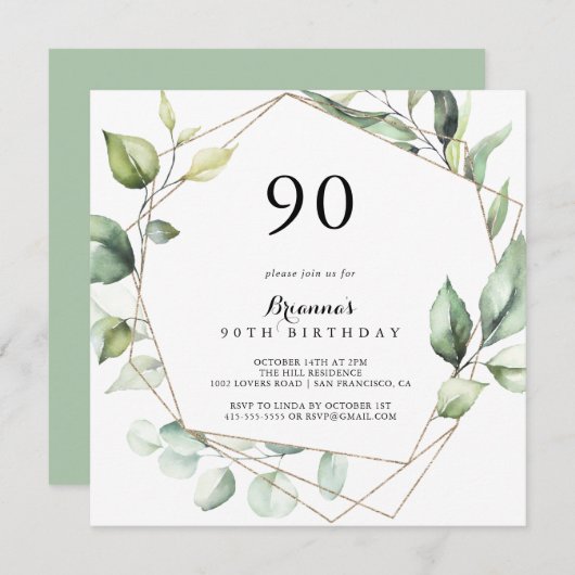 Geometrisch Elegant Goud Groen 90ste Verjaardagsfe Kaart (Voorkant / Achterkant)