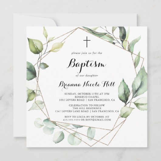 Geometrisch Elegant Goud Groen Doop Kaart (Voorkant)