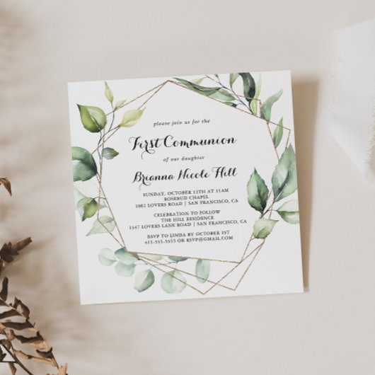 Geometrisch Elegant Goud Groen Eerste Communie Kaart
