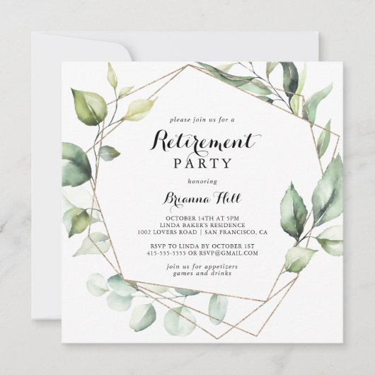 Geometrisch Elegant Goud Groen Pensioen Partij Kaart (Voorkant)