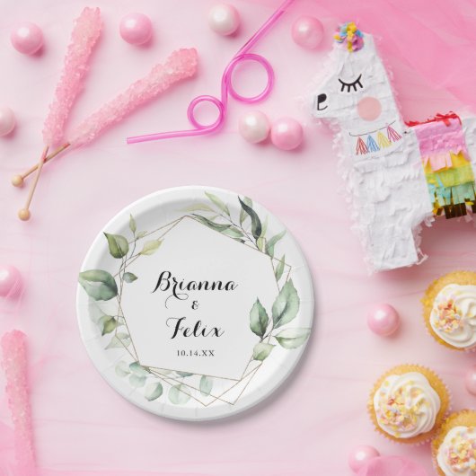 Geometrisch Elegant Goud Groen Trouwtaart Papieren Bordje (Feest)