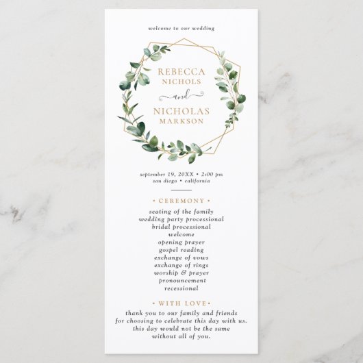 Geometrisch Eucalyptus Greenery Wedding Program Menu (Voorkant)