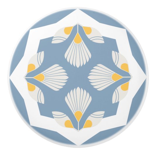 Geometrisch geel en blauwgroen etherische bloem keramische knop (Voorkant)