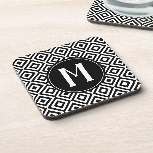 Geometrisch gepatterd zwart-wit elegant monogram bier onderzetter (Linkerzijde)