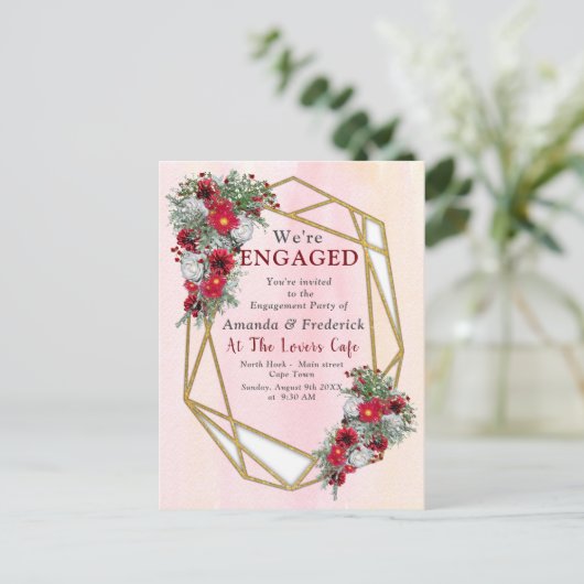 Geometrisch - Glitter Burgundy Bouquets Uitnodiging Briefkaart (Staand voorkant)