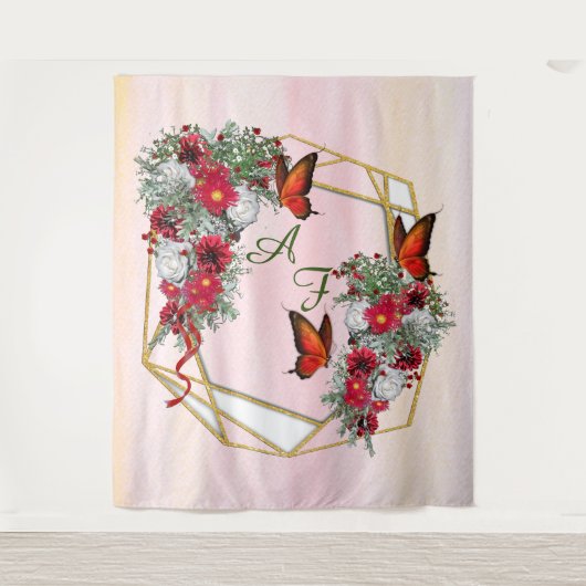 Geometrisch Glitter-lijst en Bourgogne-bloemen Wandkleed (Voorkant)