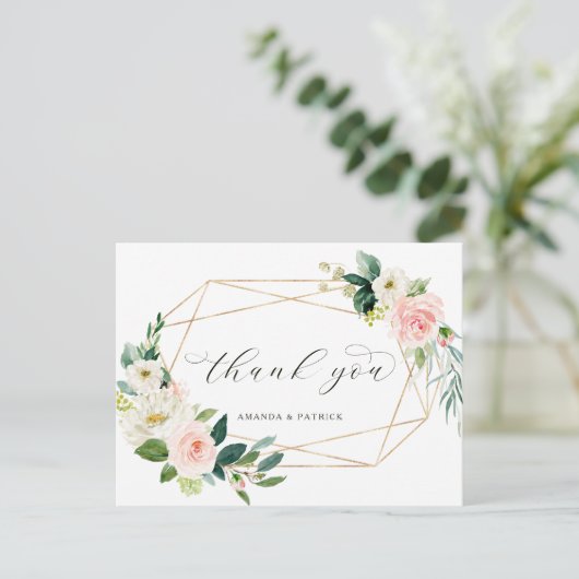 Geometrisch Gold Lijst Blush Pink Floral Hartelijk Briefkaart (Staand voorkant)