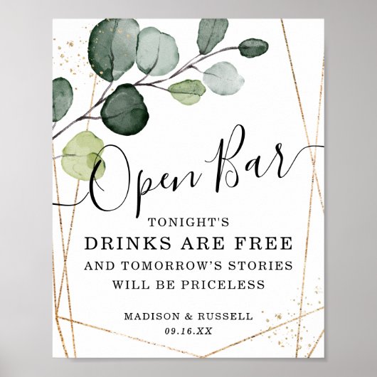 Geometrisch Gold Lijst Eucalyptus Open Bar Sign. Poster (Voorkant)
