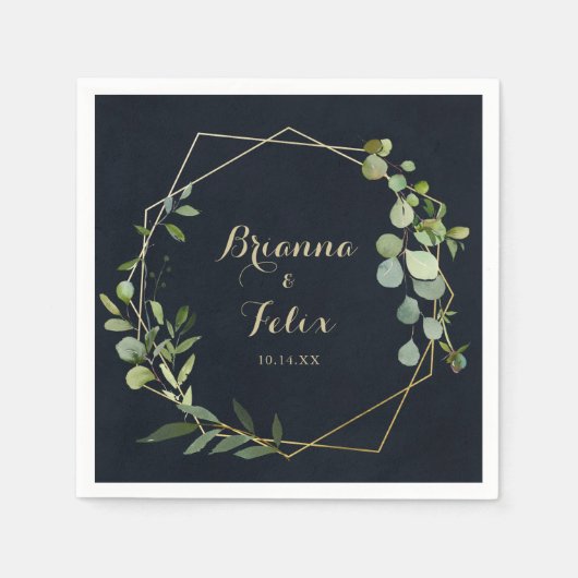 Geometrisch Goud Blauw Groen Eucalyptus Bruiloft Servet (Voorkant)