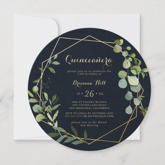 Geometrisch Goud Blauw Groen Eucalyptus Quinceañer Kaart (Voorkant)
