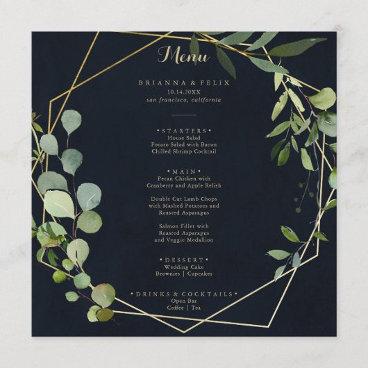 Geometrisch Goud Blauw Groen Kalligrafie Diner Menu (Voorkant)