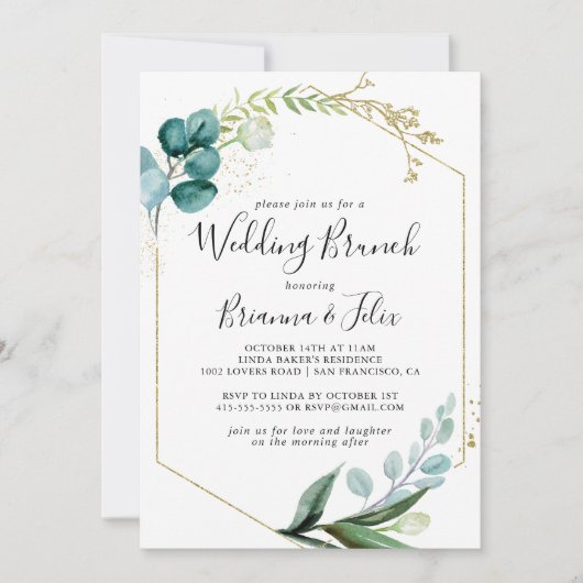 Geometrisch Goud Bloemen Tropische Bruiloft Brunch Kaart (Voorkant)