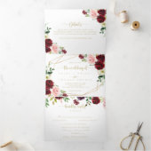 Geometrisch Goud Bourgogne Lente Bloemen Bruiloft Drieluik Uitnodiging (Binnen)