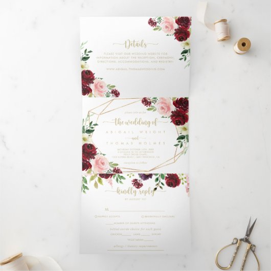 Geometrisch Goud Bourgogne Lente Bloemen Bruiloft Drieluik Uitnodiging (Binnen)