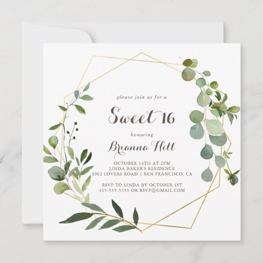 Geometrisch Goud Bruin Sweet 16 Verjaardagsfeest Kaart (Voorkant)