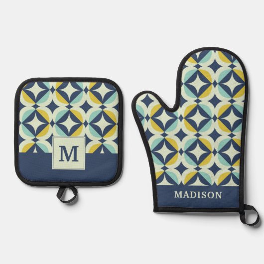 Geometrisch goud- en blauw patroon ovenwant & pannenlap set (Voorkant)