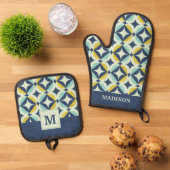 Geometrisch goud- en blauw patroon ovenwant & pannenlap set (Top down)