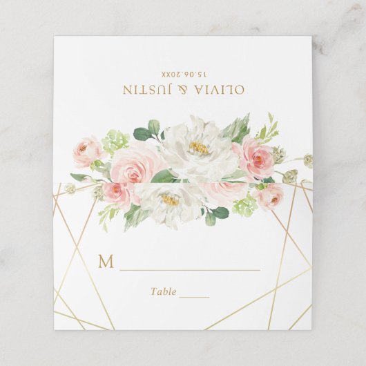 Geometrisch goud en blozen bloemenbruiloft plaatskaartje (Buitenkant ongevouwen)
