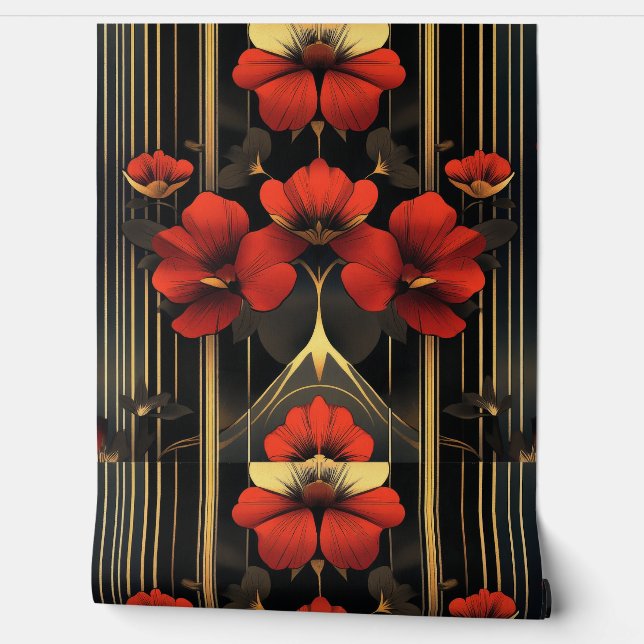 Geometrisch goud en rode bloemen deco behang (Afrollen)