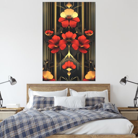 Geometrisch goud en rode bloemen deco canvas afdruk (Insitu (Slaapkamer))