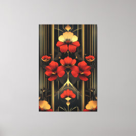 Geometrisch goud en rode bloemen deco canvas afdruk