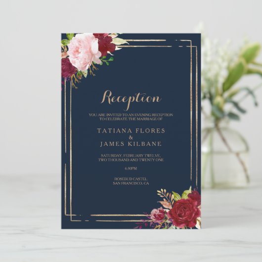 Geometrisch Goud en Rood Bruiloft Receptie Kaart (Staand voorkant)