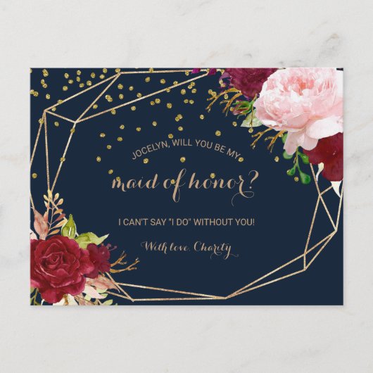 Geometrisch Goud en Rood Tropisch Maid of Honor Uitnodiging Briefkaart (Voorkant)