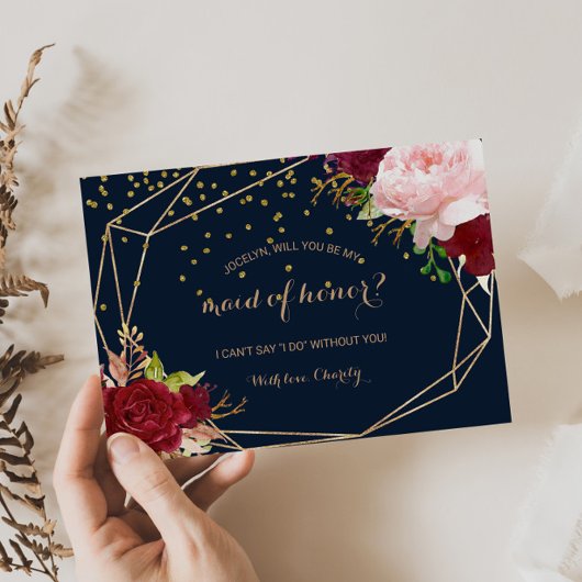 Geometrisch Goud en Rood Tropisch Maid of Honor Uitnodiging Briefkaart