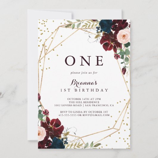 Geometrisch Goud Glitter Bloemen Eerste Verjaardag Kaart (Voorkant)