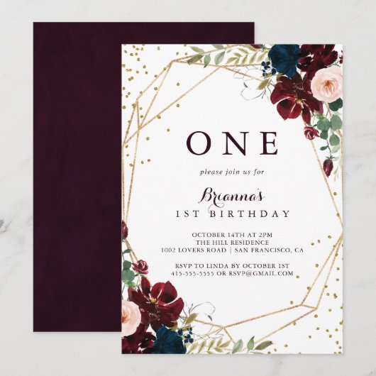 Geometrisch Goud Glitter Bloemen Eerste Verjaardag Kaart (Voorkant / Achterkant)