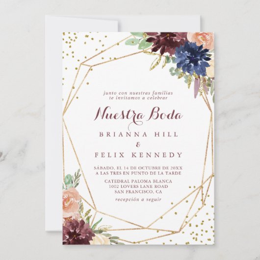 Geometrisch goud Glitter Floral Nuestra Boda Weddi Kaart (Voorkant)