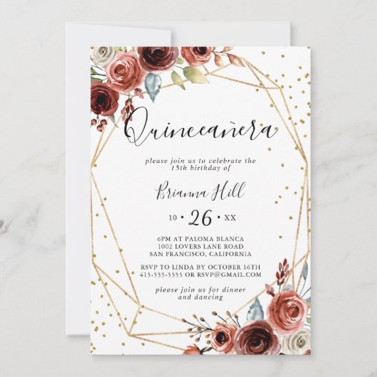 Geometrisch Goud Glitter Lente Bloemen Quinceañera Kaart (Voorkant)
