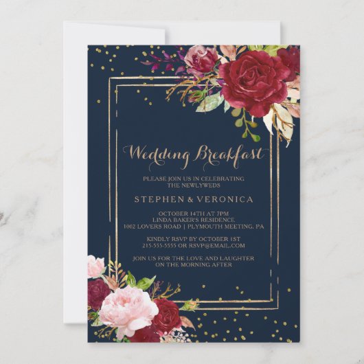 Geometrisch Goud Glitter Rood Bruiloft Ontbijt Kaart (Voorkant)