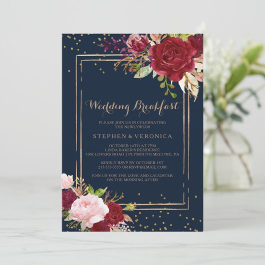 Geometrisch Goud Glitter Rood Bruiloft Ontbijt Kaart (Staand voorkant)