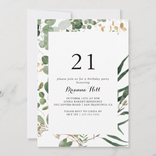 Geometrisch Goud Groen Bladgroen 21e Verjaardagsfe Kaart (Voorkant)