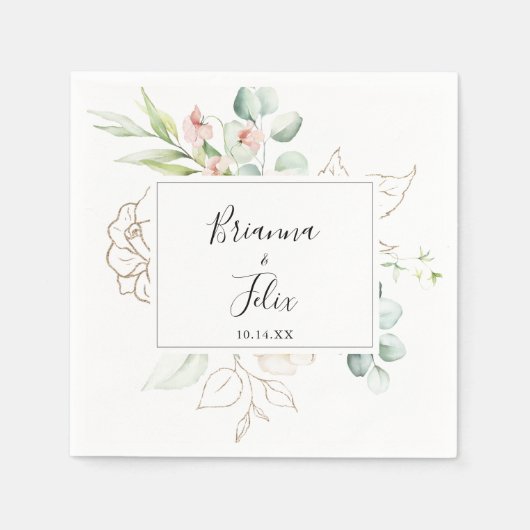 Geometrisch Goud Groen Bladgroen Bloemen Bruiloft  Servet (Voorkant)