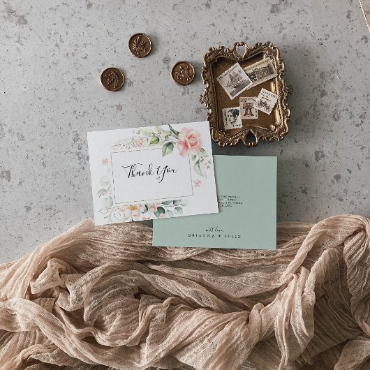 Geometrisch Goud Groen Bladgroen Bloemen Vlak Huwe Bedankkaart