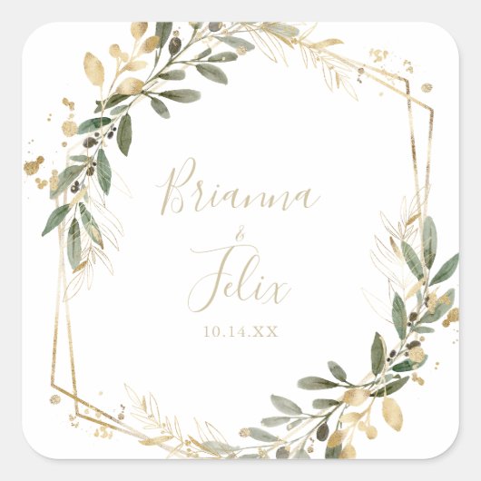 Geometrisch Goud Groen Bruiloft Envelop Afdichting Vierkante Sticker (Voorkant)