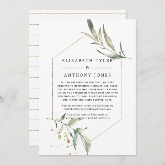 Geometrisch Goud Groen Bruiloft Verminderde Gasten Aankondiging (Voorkant / Achterkant)