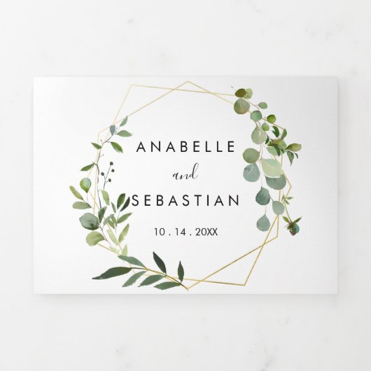 Geometrisch Goud Groen Eucalyptus Bruiloft Drieluik Uitnodiging (Cover)