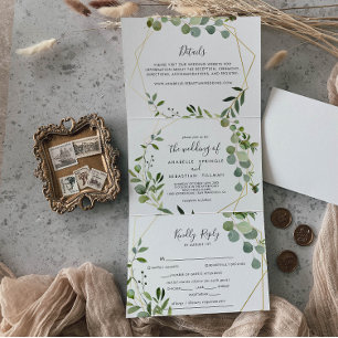 Geometrisch Goud Groen Eucalyptus Bruiloft Drieluik Uitnodiging