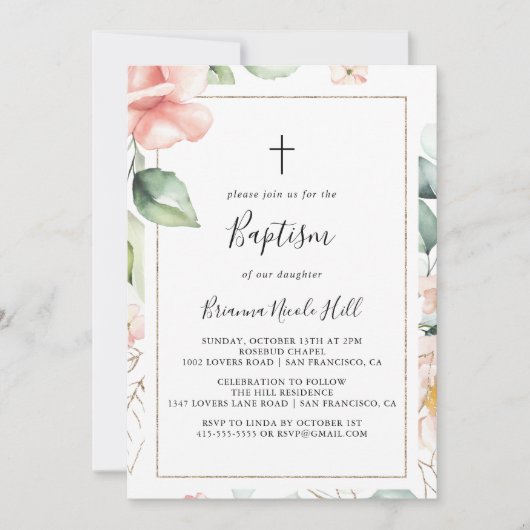 Geometrisch goud groen gebladerte bloemdoop kaart (Voorkant)